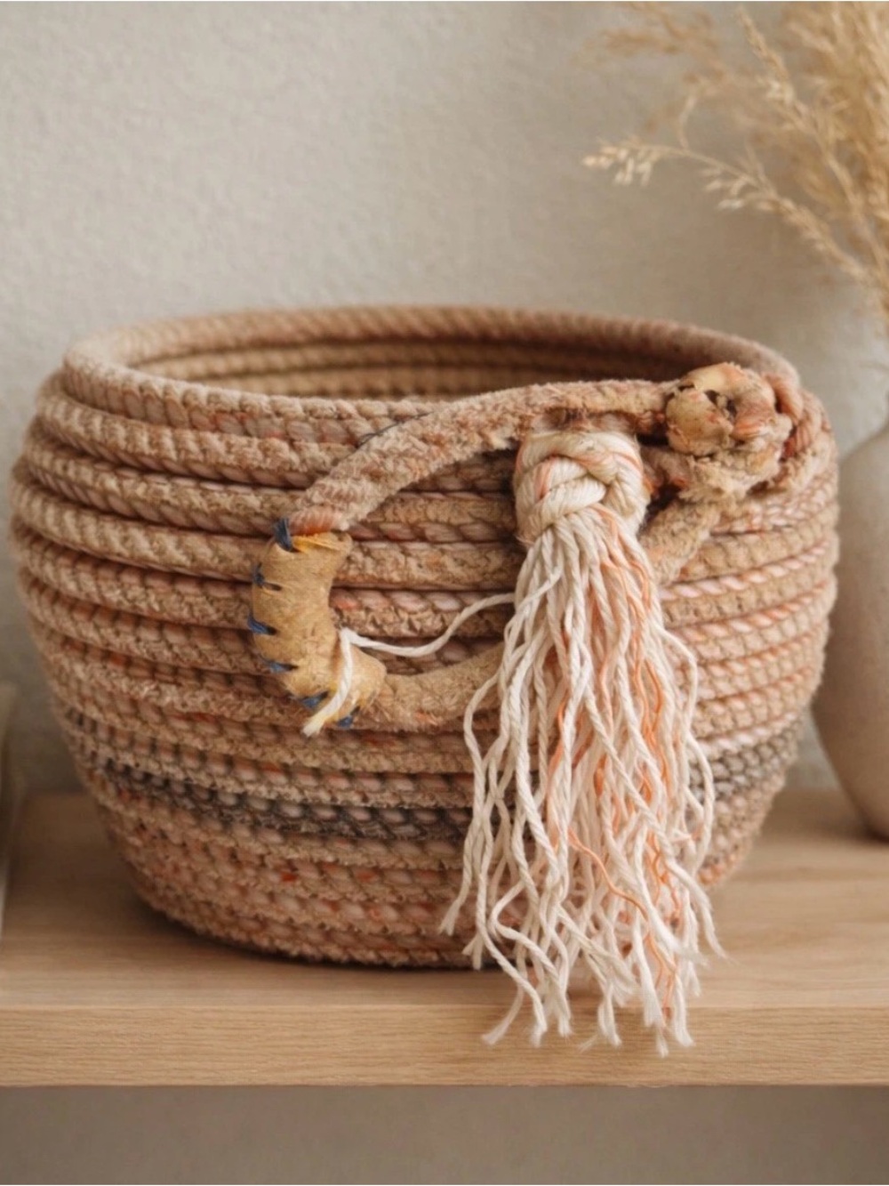Vintage handmade coil rope basket tassel boho rustic decor